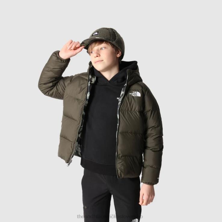 HLH081815 nová taupe zelená The North Face chlapčenská obojstranná severná bunda s kapucňou s potlačou