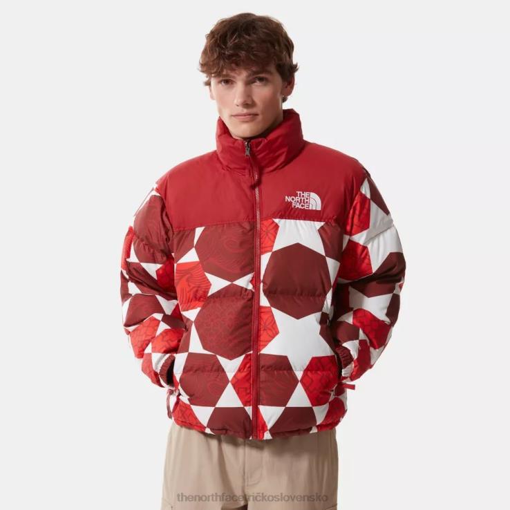 HLH081257 ohnivo červená The North Face pánska retro nuptse páperová bunda z roku 1996 s potlačou